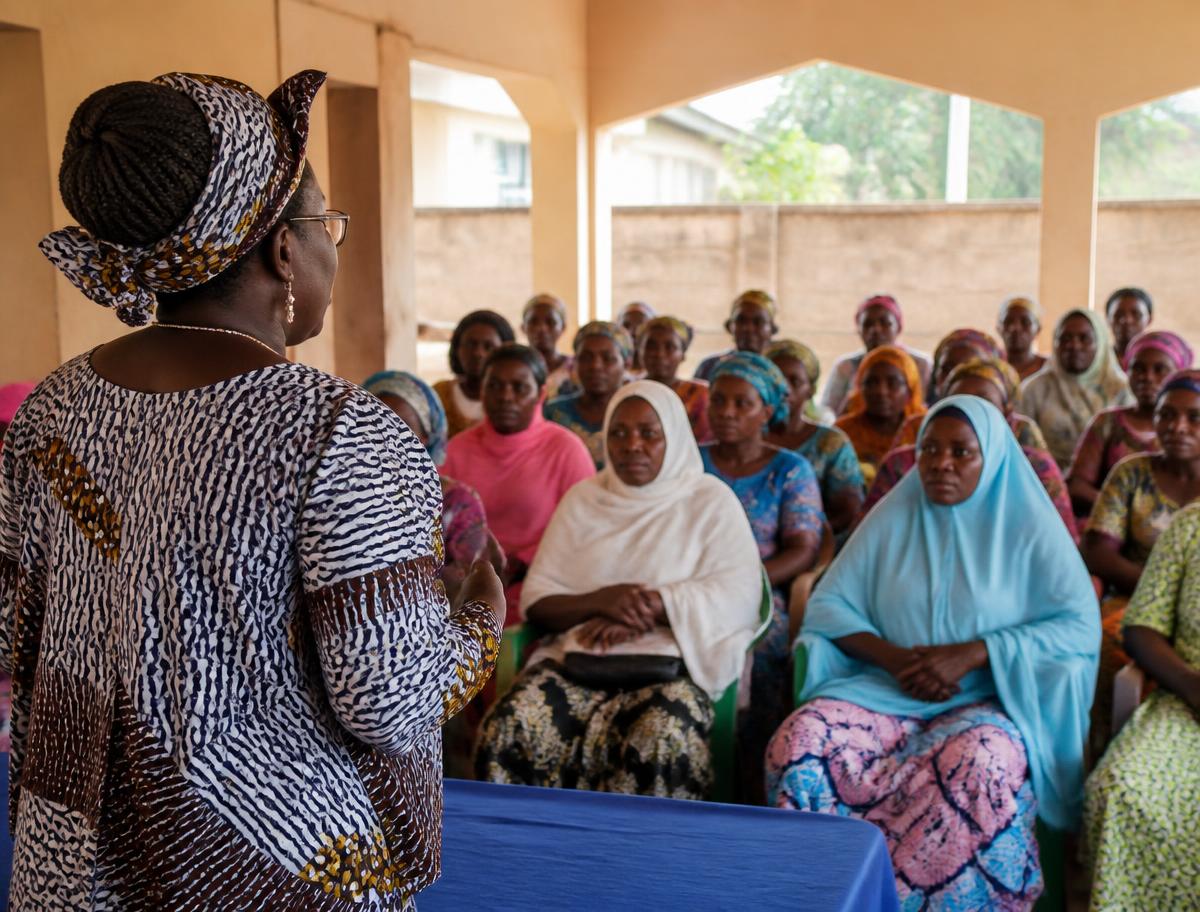 A woman addressing a gathering of women at a community meeting in Nigeria