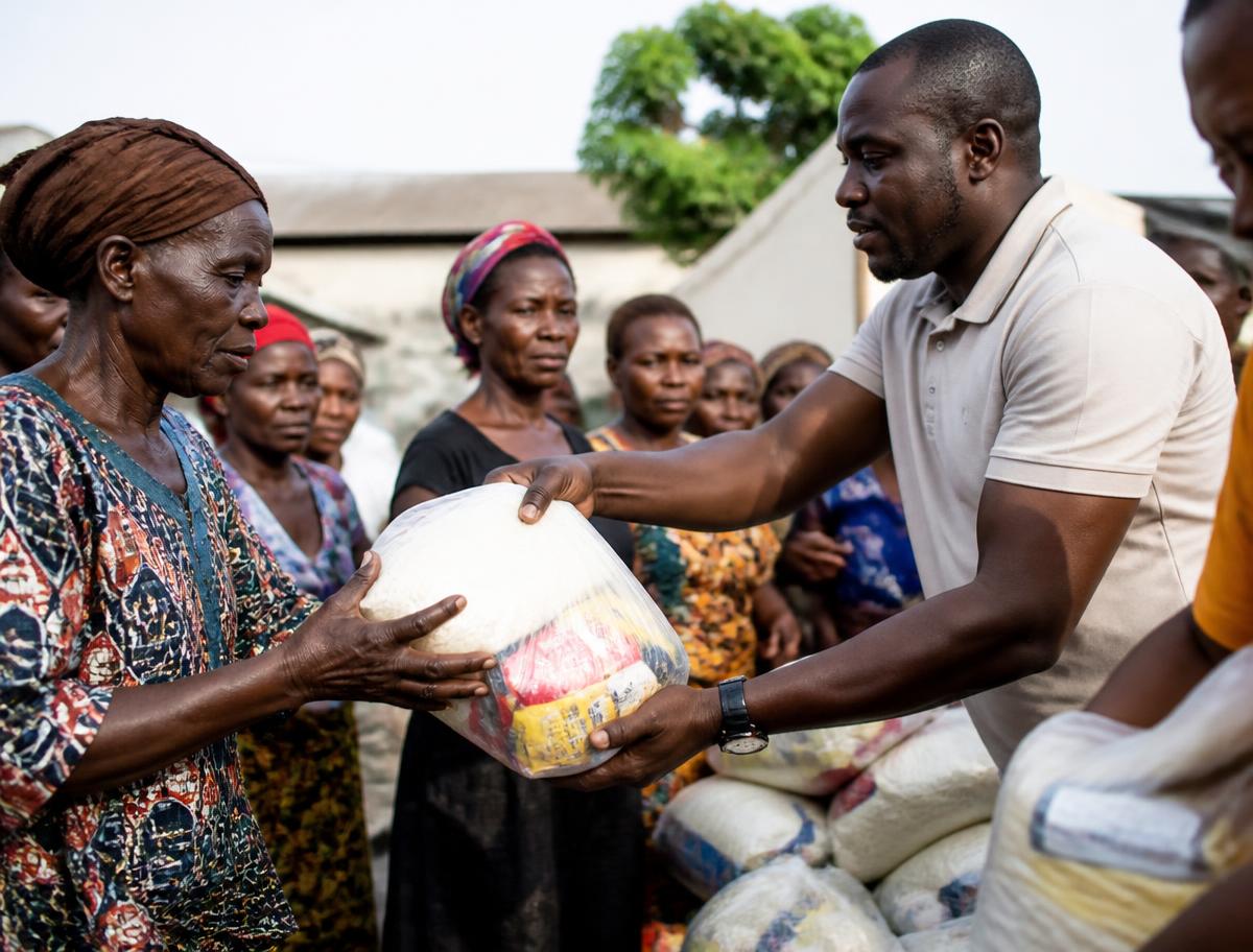 A volunteer handing food staples to an elderly woman at a community distribution