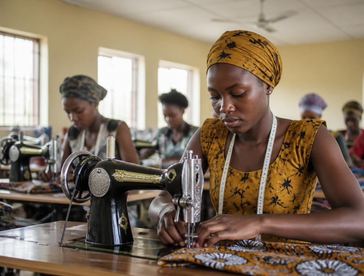 A young woman working at a sewing machine in a vocational training workshop